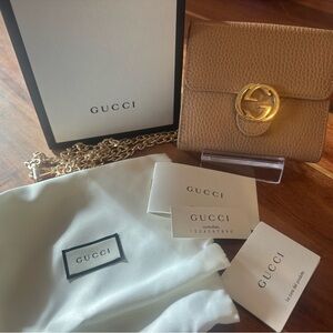 Gucci Beige Trifold Wallet with Gold Accent with gold Chain, Box and Dust Bag